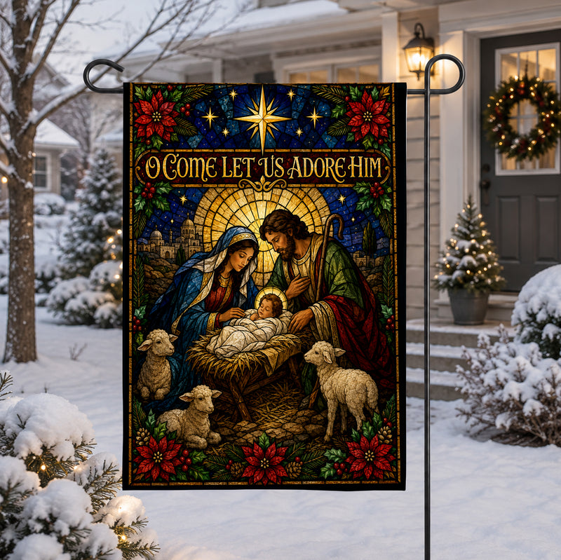 Christian Christmas Garden Flag, O Come Let Us Adore Him Nativity Garden Flag, Religious Holiday Yard Decor, Outdoor Faith Christmas Flag