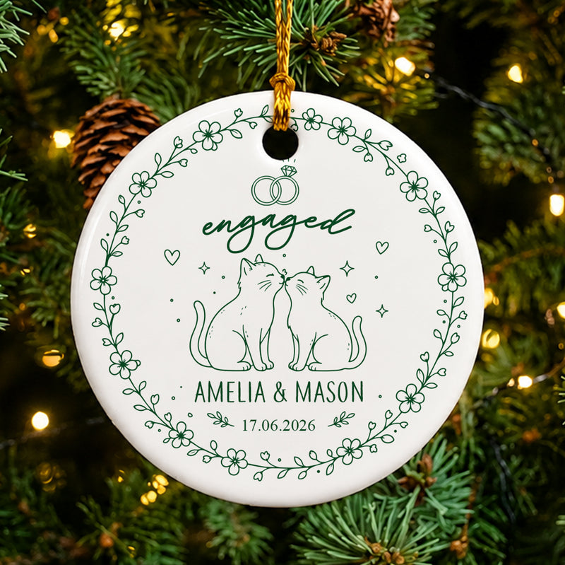 Custom Cat Couple Engagement Names & Date - Personalized Ceramic Ornament
