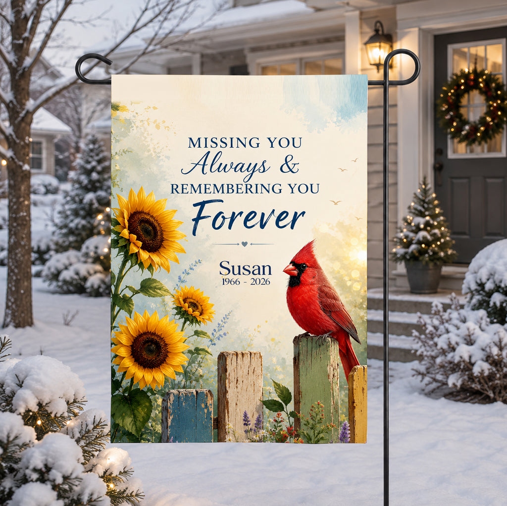 Personalized Memorial Garden Flag, Cardinal Sunflower In Loving Memory Flag, Custom Name Sympathy Yard Decor, Remembrance Gift for Loved One