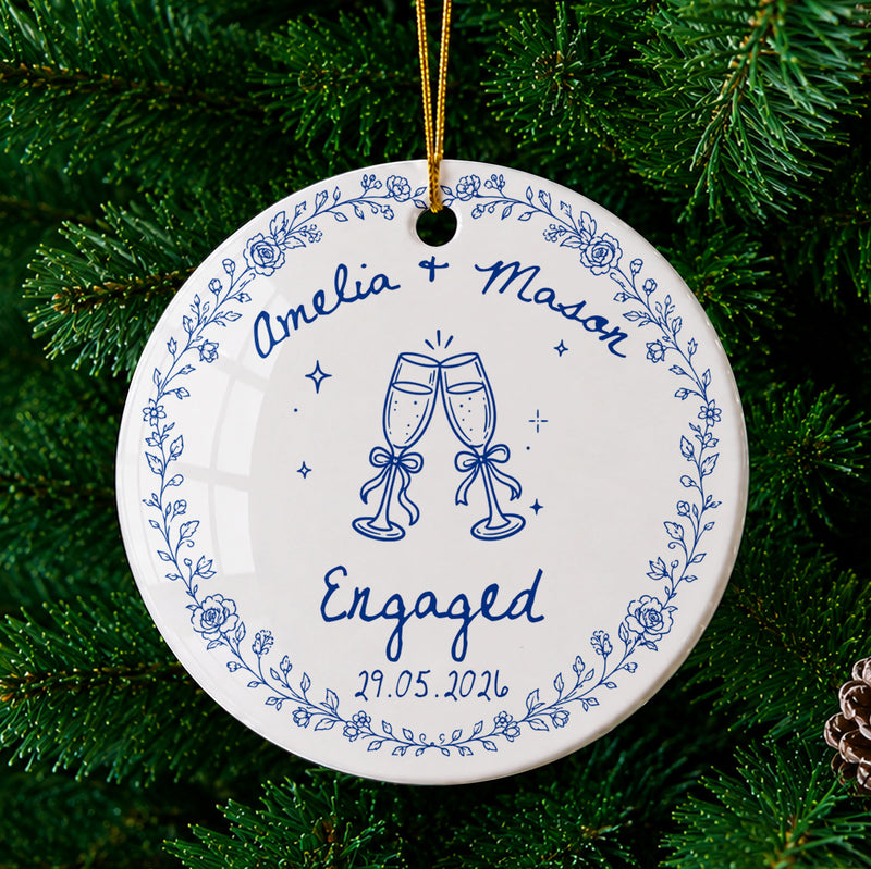 Custom Engagement Blue Toile Names & Date Newlywed Gift - Personalized Christmas Ceramic Ornament