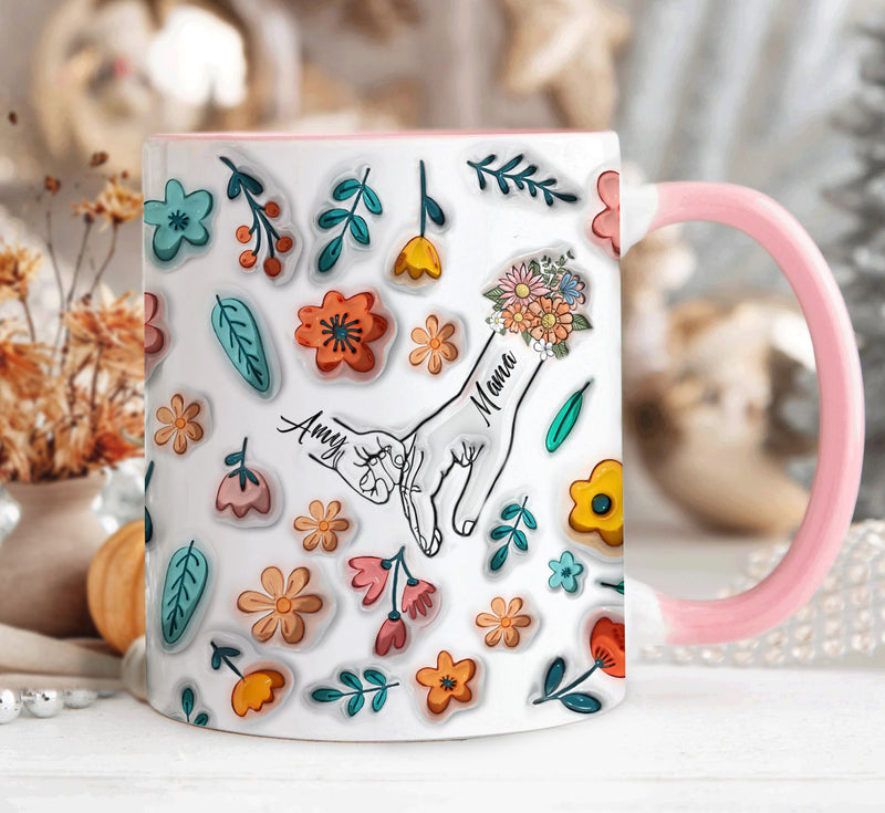 Personalized Mom Mug, Holding Mom’s Hand 3D Floral Mother’s Day Cup