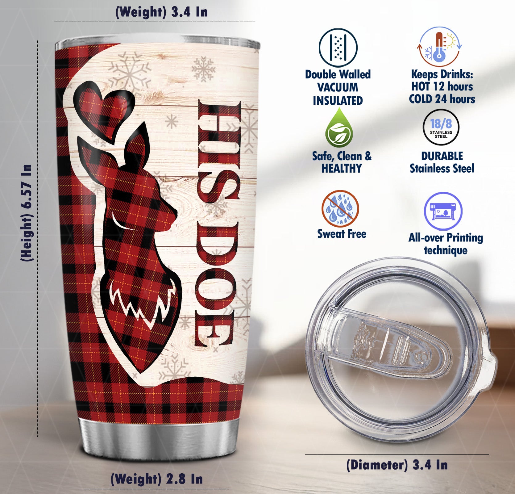 Tumbler For Wife Husband From Him Her Deer Couple His Doe Her Buck Sports Bottle Buffalo Plaid Xmas Water Gifts For Couple 20oz With Lid Travel Cup For Wife Husband