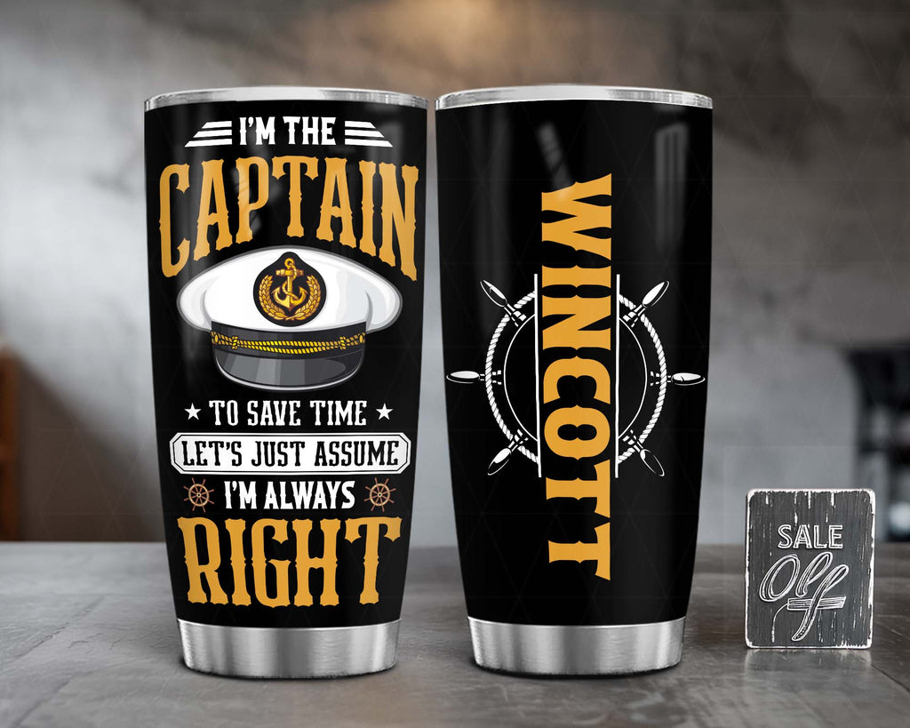Personalized Captain Tumbler, Boating Travel Mug with Lid, Custom Gift for Men & Women