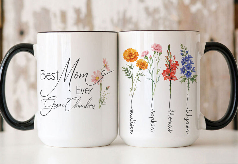 Personalized Mom Mug, Custom Birth Flower Mug, Best Mom Gift, Mother's Day Mug