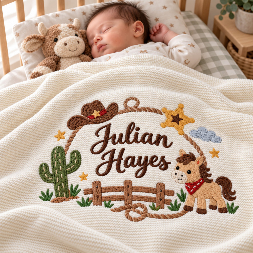 Personalized Cowboy Baby Blanket, Western Horse Cactus Embroidered Knit Blanket, Custom Name Nursery Gift, Baby Shower Gift