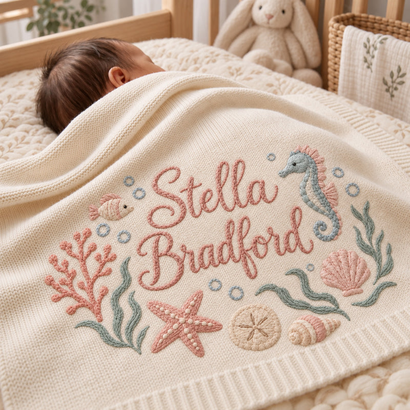 Personalized Ocean Baby Blanket, Seahorse Coral Embroidered Knit Blanket, Custom Name Coastal Nursery Gift, Baby Shower Gift