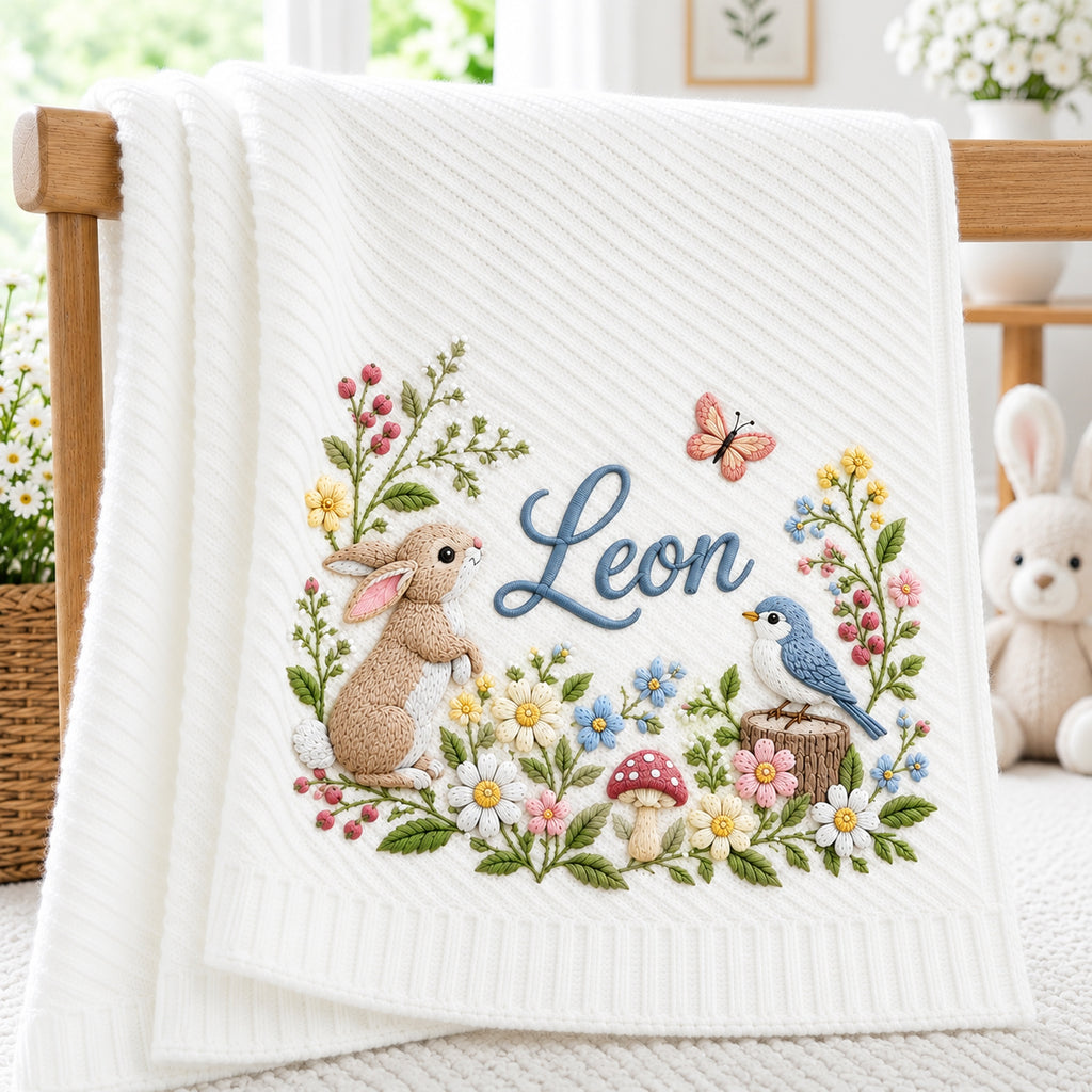 Personalized Baby Embroidered Blanket, Custom Name Bunny Bluebird Wildflower Baby Blanket, Nursery Keepsake, Baby Shower Gift
