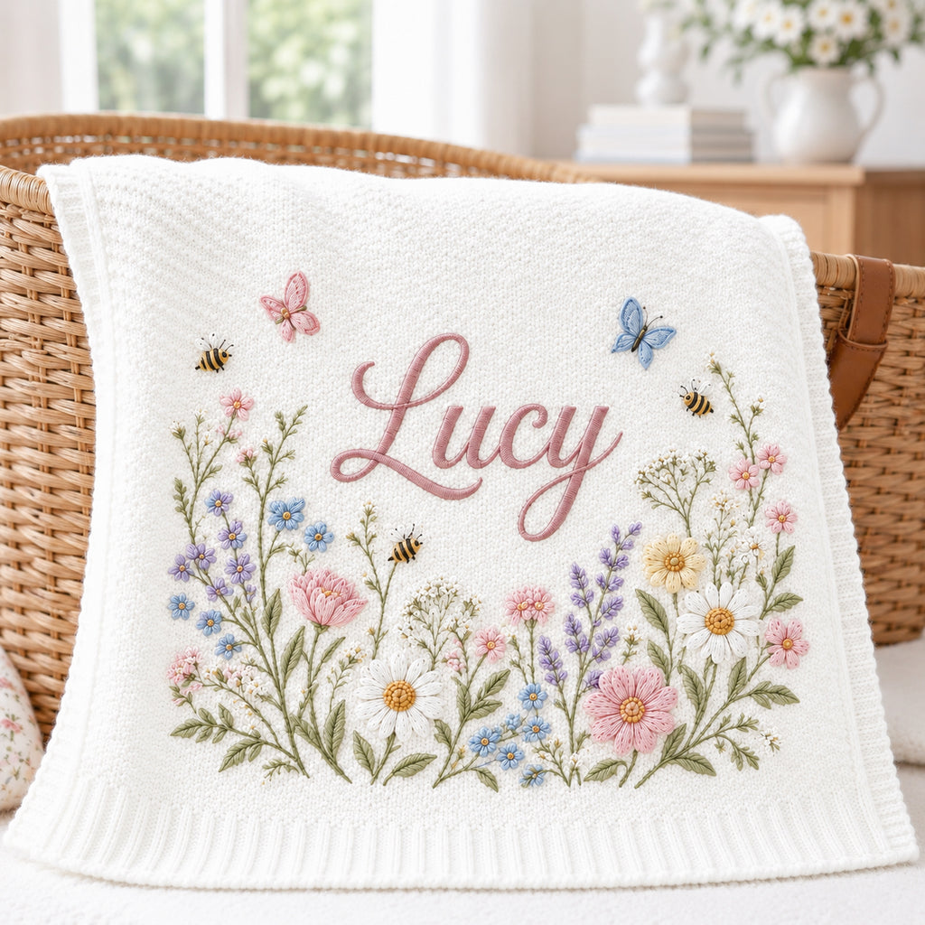 Personalized Baby Embroidered Blanket, Custom Name Wildflower Butterfly Blanket, Floral Nursery Keepsake, Baby Shower Gift for Newborn Girl