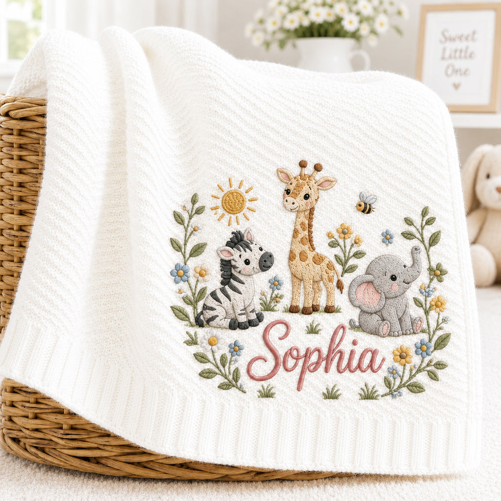 Personalized Baby Embroidered Blanket, Custom Name Safari Animals Wildflower Blanket, Giraffe Elephant Zebra Nursery, Baby Shower Gift
