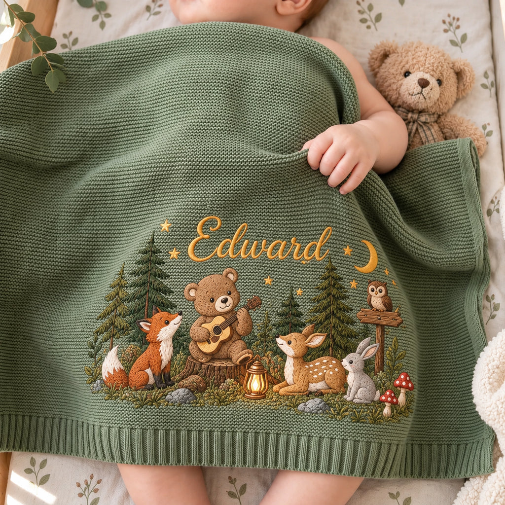 Personalized Baby Embroidered Blanket, Custom Name Woodland Animals Camping Blanket, Bear Fox Deer Forest Nursery, Baby Shower Newborn Gift