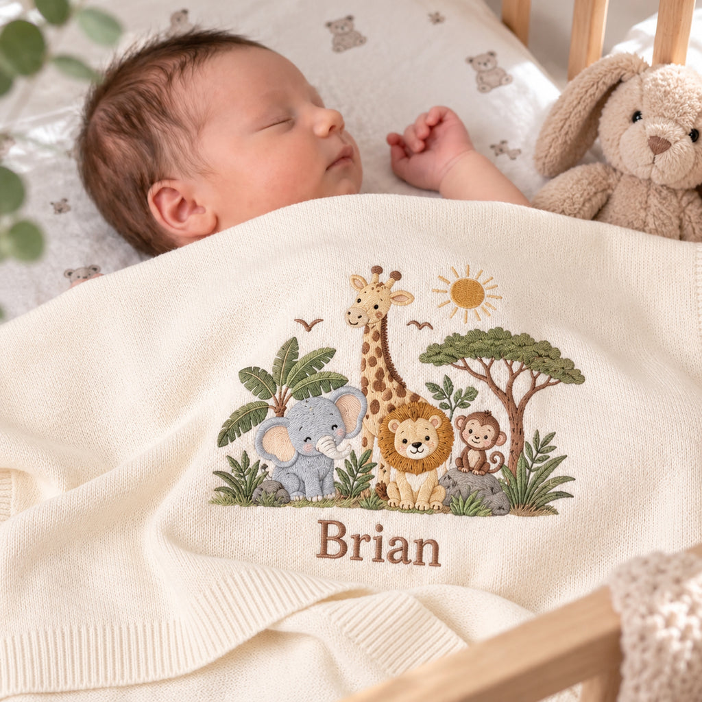 Personalized Baby Embroidered Blanket, Custom Name Safari Animals Blanket, Elephant Giraffe Lion Nursery, Baby Shower Gift for Newborn Baby