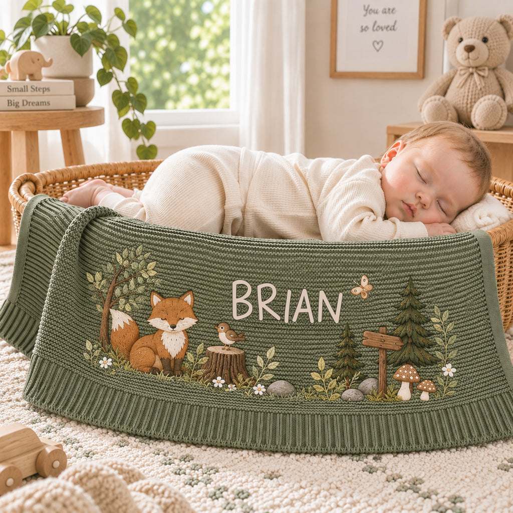 Personalized Baby Embroidered Blanket, Custom Name Woodland Fox Blanket, Forest Animal Nursery Keepsake, Baby Shower Gift for Newborn Baby