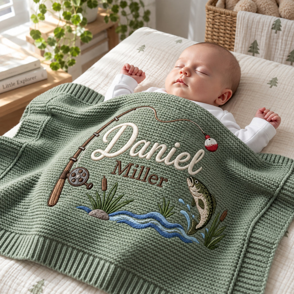 Personalized Baby Embroidered Blanket, Custom Name Fishing Blanket, Fishing Rod Trout Nursery Keepsake, Baby Shower Gift for Newborn Boy