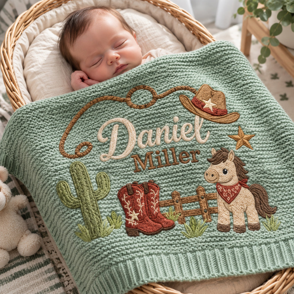 Personalized Baby Embroidered Blanket, Custom Name Western Cowboy Blanket, Horse Boots Nursery Keepsake, Baby Shower Gift for Boy