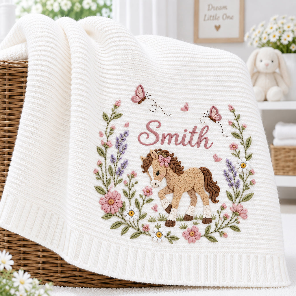 Personalized Baby Embroidered Blanket, Custom Name Pony Wildflower Blanket, Horse Nursery Keepsake, Baby Shower Gift for Newborn Girl