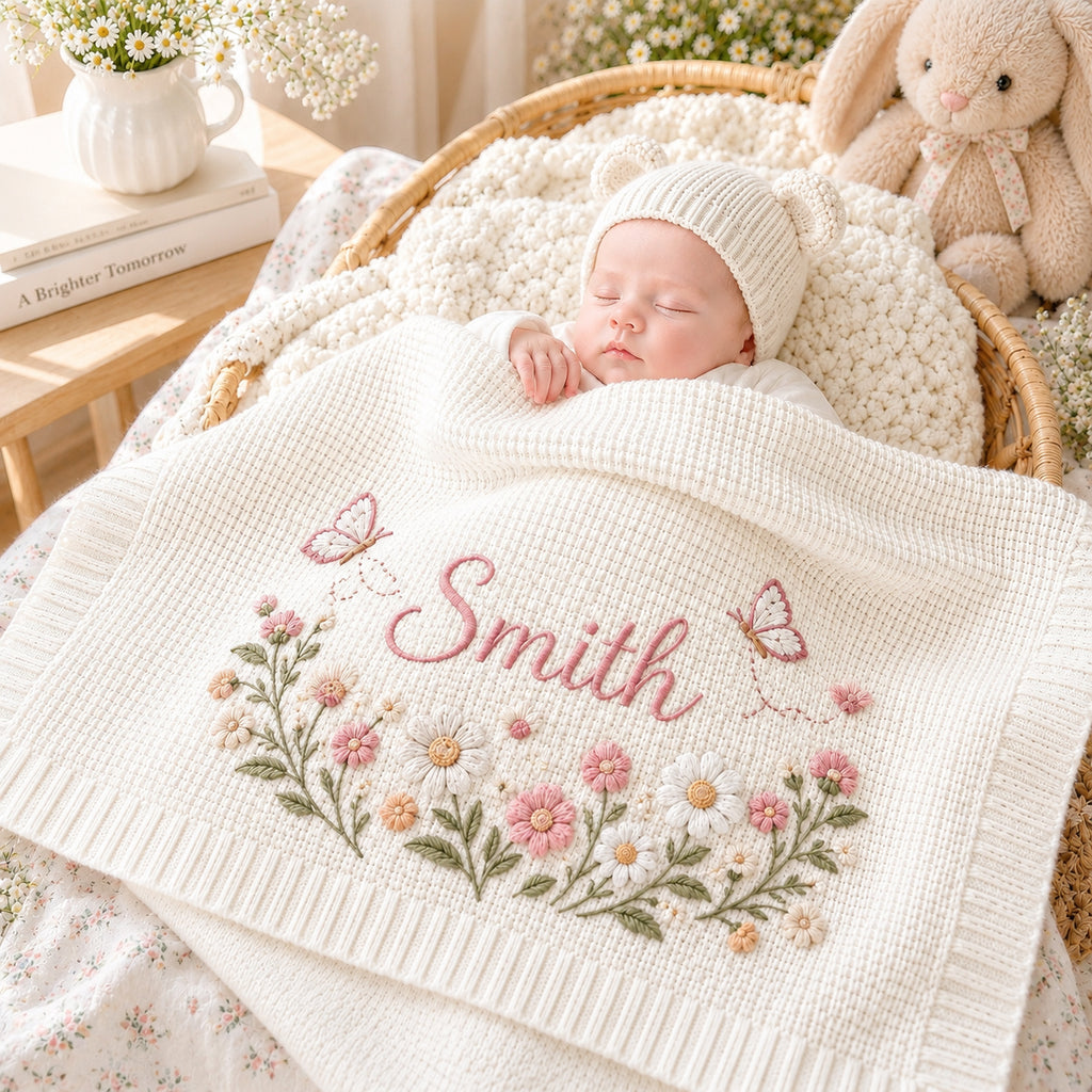 Personalized Baby Embroidered Blanket, Custom Name Wildflower Butterfly Blanket, Floral Nursery Keepsake, Baby Shower Gift for Newborn Girl
