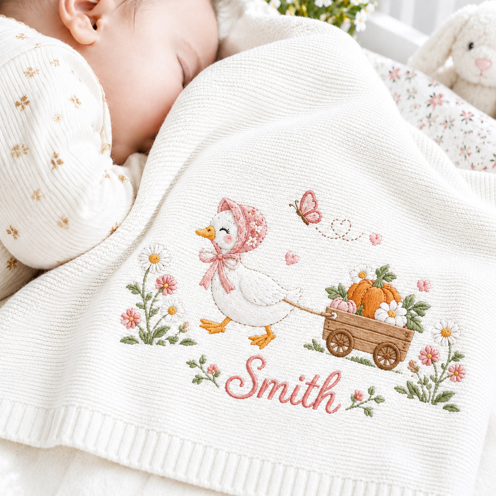 Personalized Baby Embroidered Blanket, Custom Name Duck Pumpkin Cart Blanket, Daisy Fall Nursery Keepsake, Baby Shower Gift for Newborn