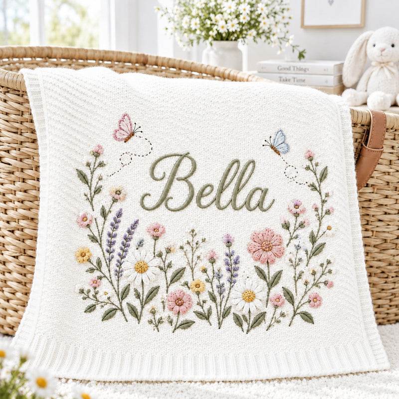Personalized Baby Embroidered Blanket, Custom Name Wildflower Butterfly Blanket, Daisy Lavender Nursery Keepsake, Baby Shower Gift for Girl