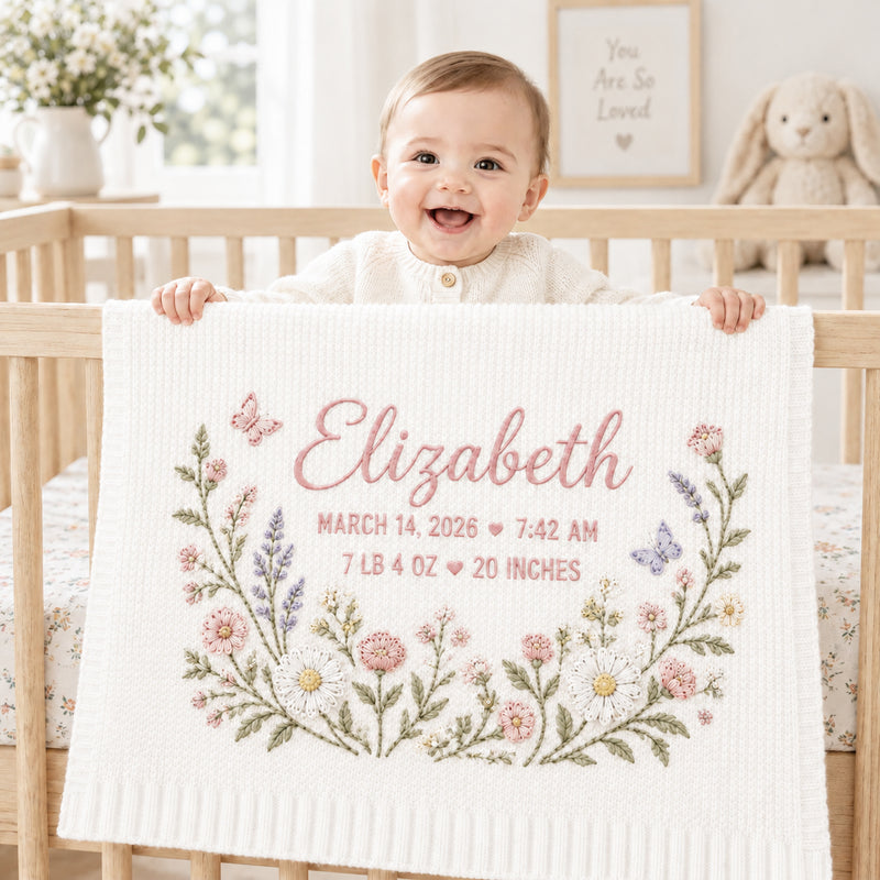 Personalized Baby Embroidered Blanket, Custom Birth Stats Wildflower Blanket, Butterfly Nursery Keepsake, Newborn Baby Shower Gift for Girl