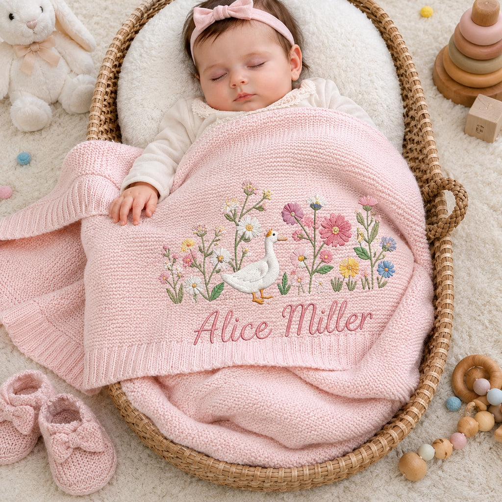 Personalized Baby Embroidered Blanket, Custom Name Goose Wildflower Blanket, Floral Nursery Keepsake, Baby Shower Gift for Newborn Girl