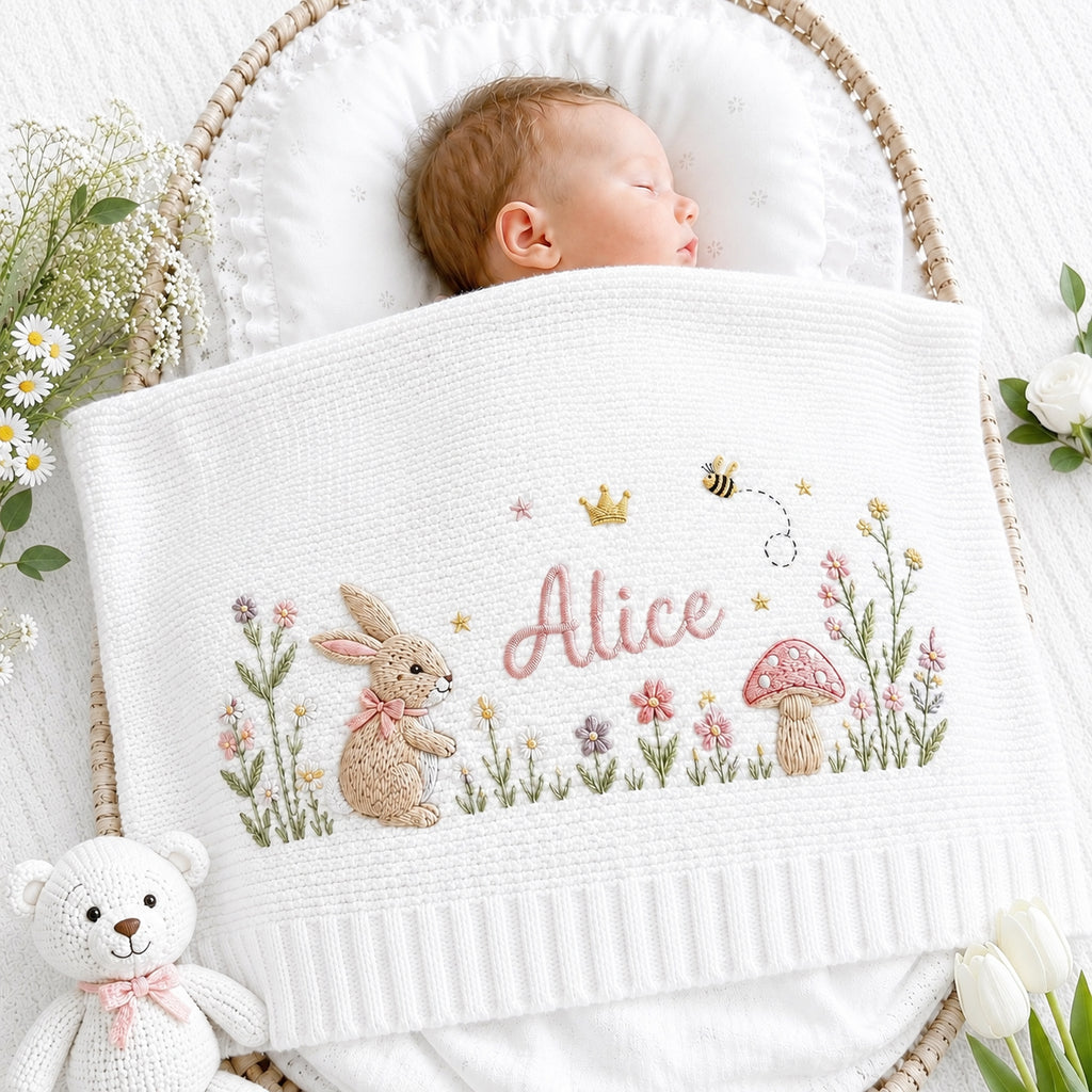 Personalized Baby Embroidered Blanket, Custom Name Bunny Mushroom Wildflower Blanket, Bee Nursery Keepsake, Baby Shower Gift for Newborn
