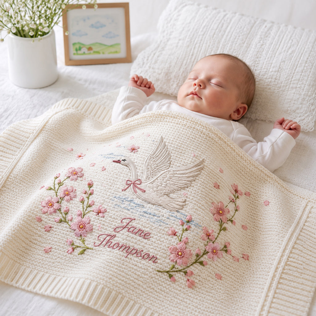 Personalized Baby Embroidered Blanket, Custom Name Flying Swan Floral Blanket, Pink Blossom Nursery Keepsake, Baby Shower Gift for Girl