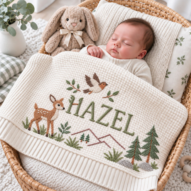 Personalized Name Knit Woodland Flying Duck Baby Blanket, Custom Embroidered Outdoor Moutain Baby Shower Gift, Welcome Baby Blanket