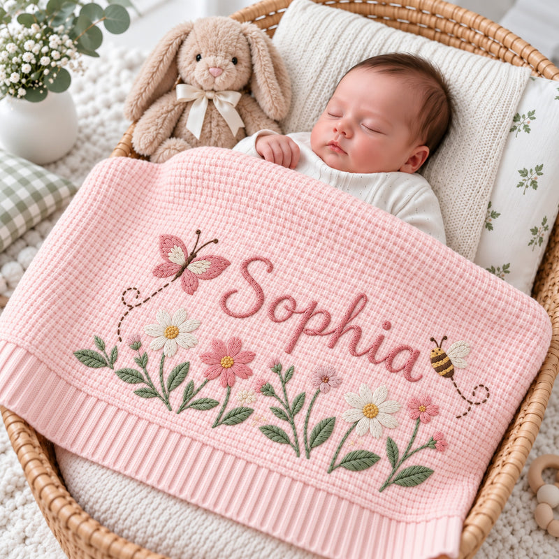 Personalized Floral Baby Blanket, Butterfly Bee Embroidered Knit Blanket, Custom Name Daisy Nursery Gift, Baby Shower Gift for Girl