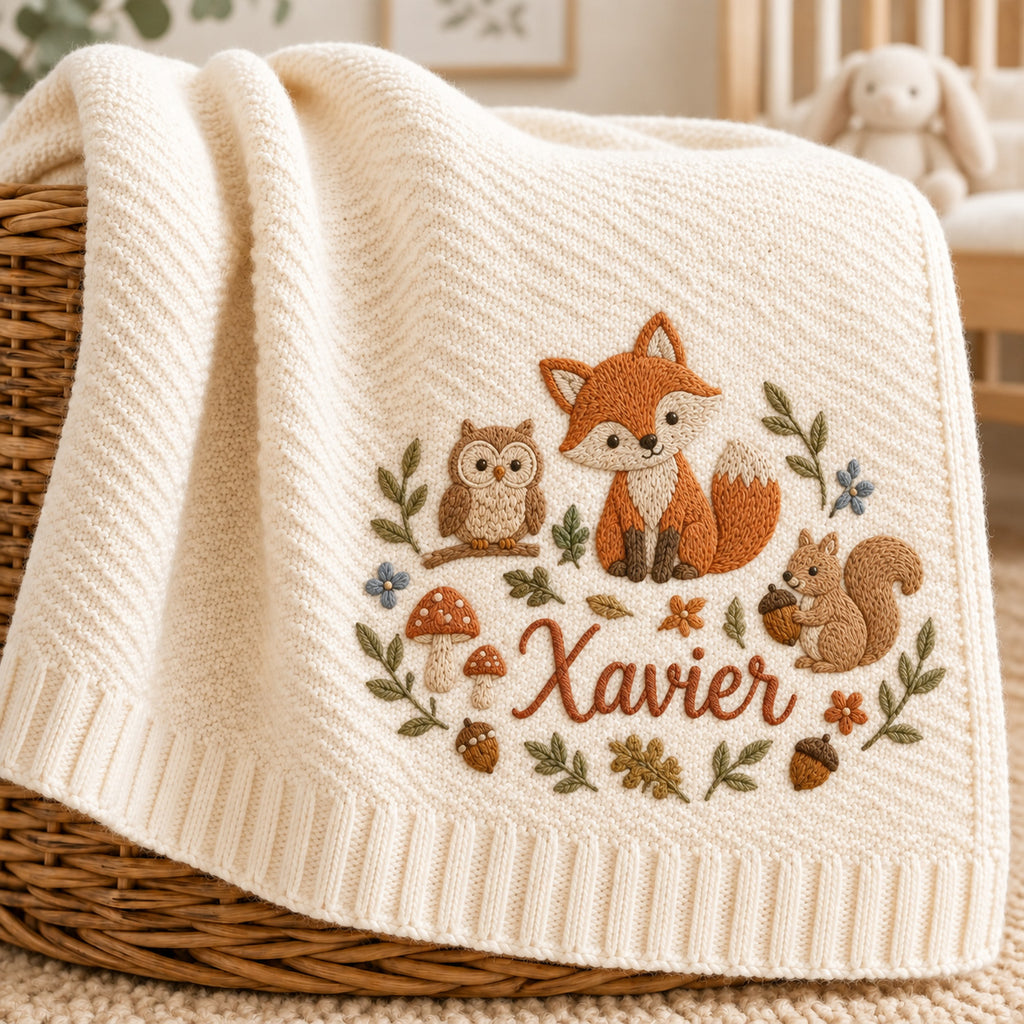 Personalized Woodland Baby Blanket, Fox Owl Squirrel Embroidered Knit Blanket, Custom Name Forest Nursery Gift, Baby Shower Gift