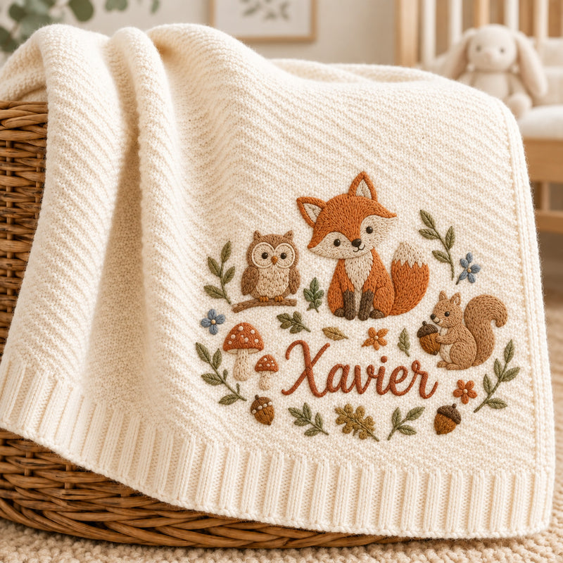 Personalized Woodland Baby Blanket, Fox Owl Squirrel Embroidered Knit Blanket, Custom Name Forest Nursery Gift, Baby Shower Gift