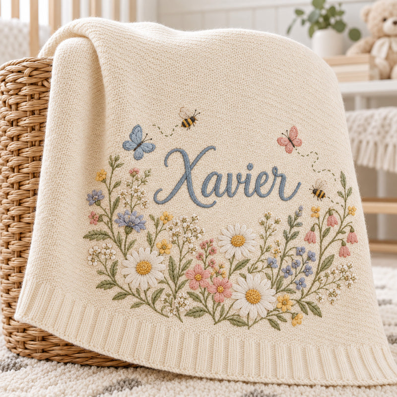 Personalized Wildflower Baby Blanket, Daisy Butterfly Bee Embroidered Knit Blanket, Custom Name Floral Nursery Gift, Baby Shower Gift