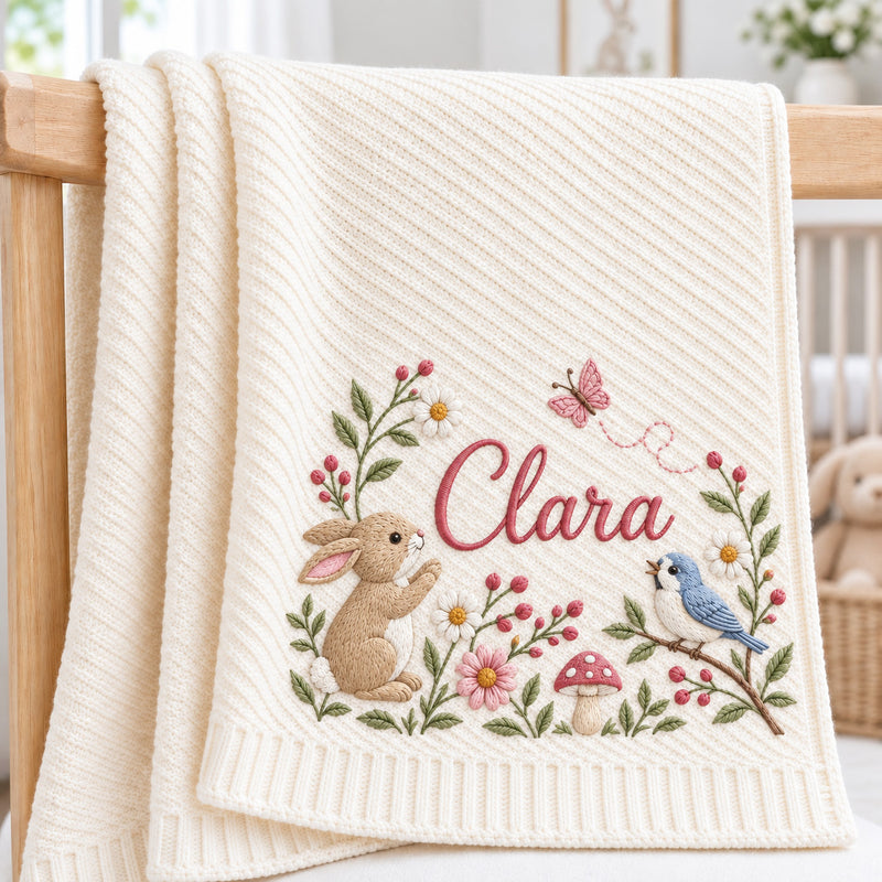 Personalized Bunny Baby Blanket, Rabbit Bird Butterfly Embroidered Knit Blanket, Custom Name Woodland Nursery Gift, Baby Shower Gift
