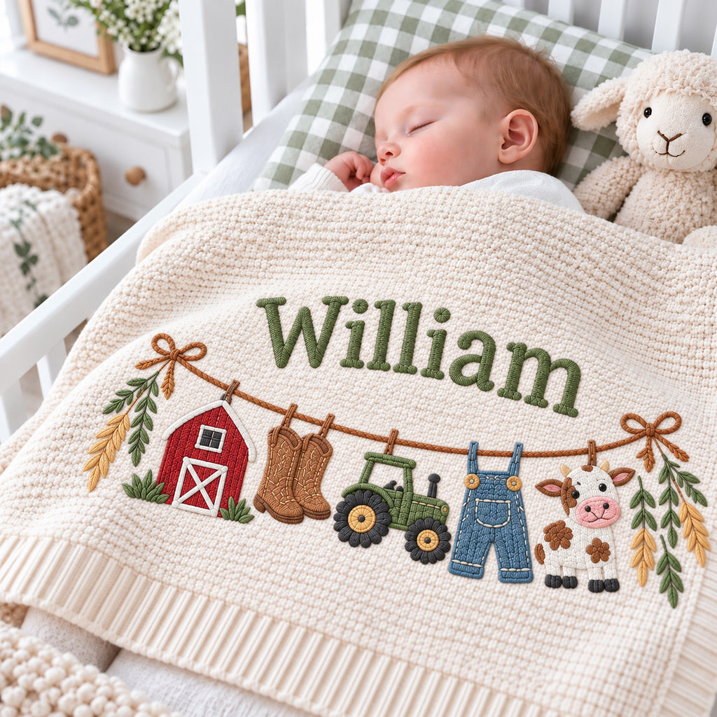 Personalized Farm Baby Blanket, Barn Tractor Cow Embroidered Knit Blanket, Custom Name Country Nursery Gift, Baby Shower Gift for Boy