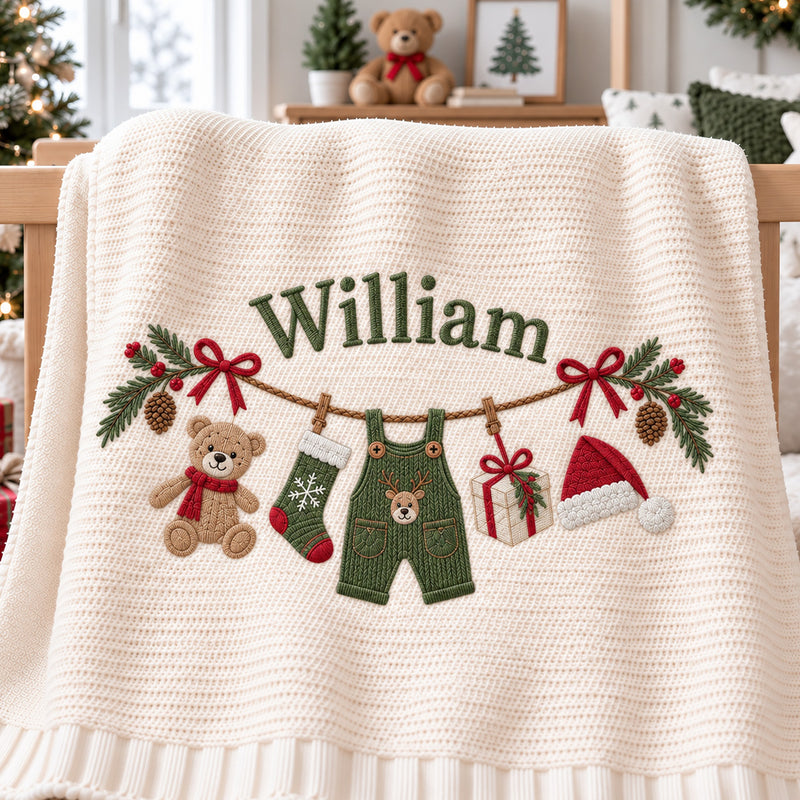 Personalized Christmas Baby Blanket, Teddy Bear Overalls Embroidered Knit Blanket, Custom Name Holiday Nursery Gift, Baby Shower Gift