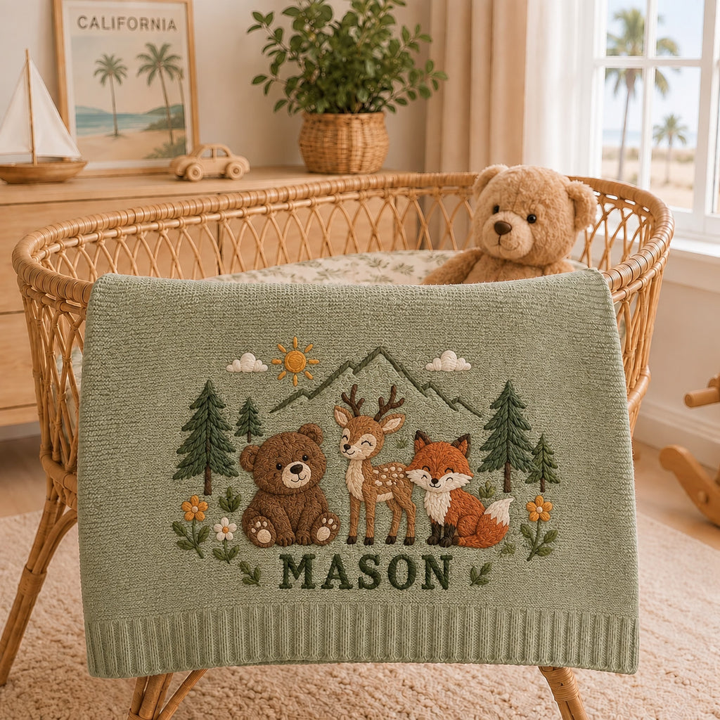 Personalized Woodland Baby Blanket, Bear Deer Fox Embroidered Knit Blanket, Custom Name Forest Nursery Gift, Baby Shower Gift