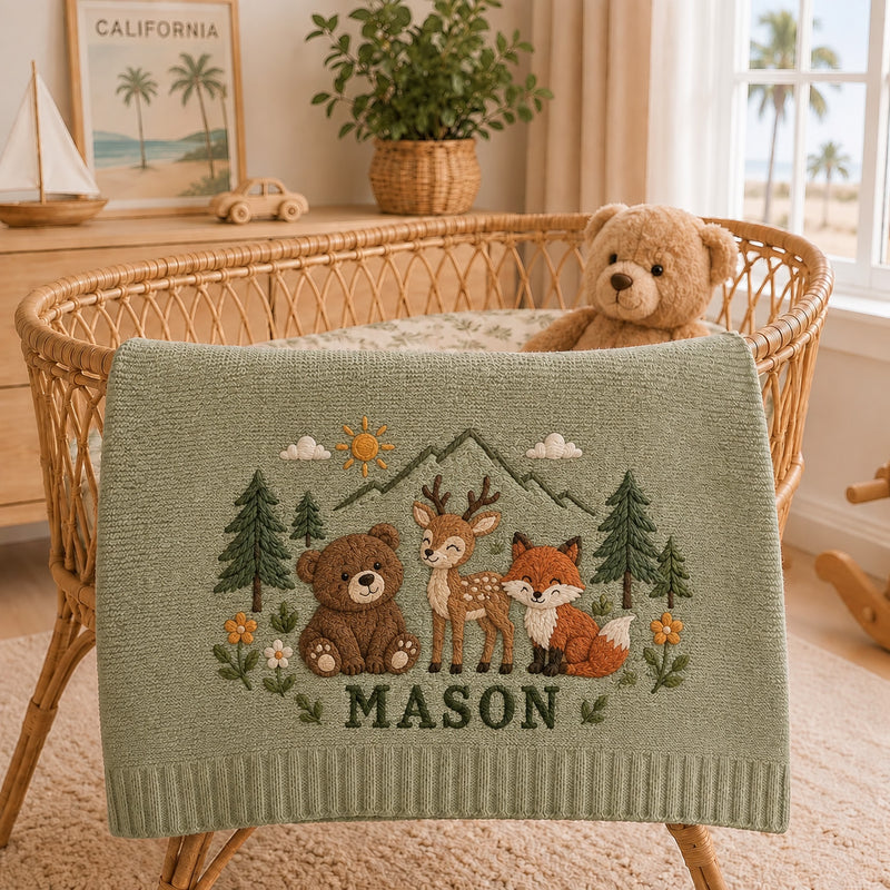 Personalized Woodland Baby Blanket, Bear Deer Fox Embroidered Knit Blanket, Custom Name Forest Nursery Gift, Baby Shower Gift