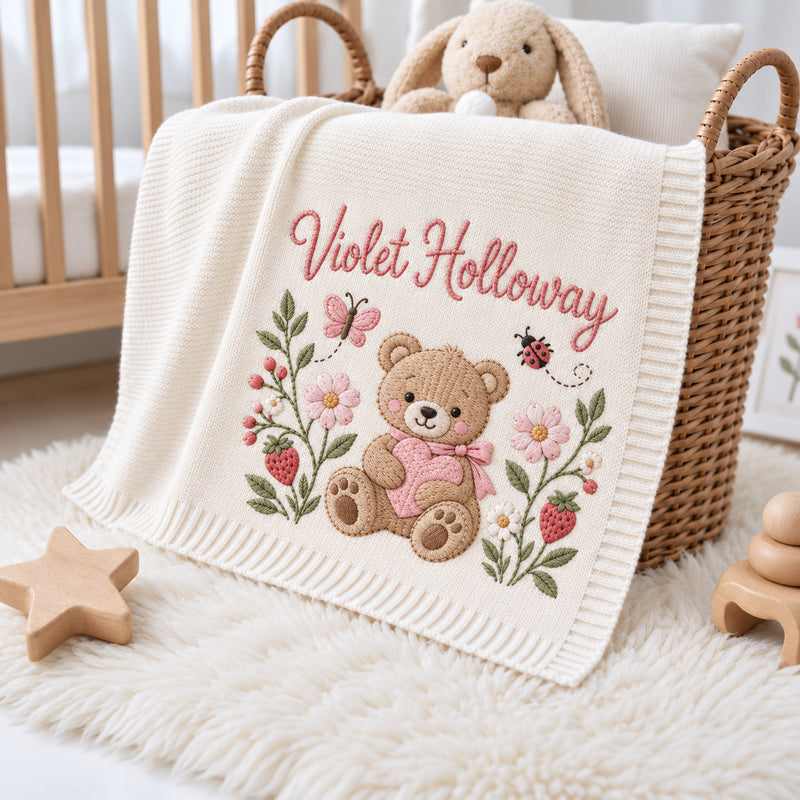 Personalized Teddy Bear Baby Blanket, Strawberry Floral Embroidered Knit Blanket, Custom Name Butterfly Nursery Gift, Baby Shower Gift