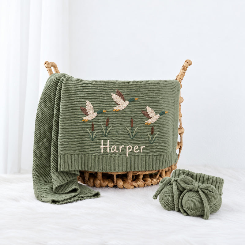 Personalized Mallard Duck Baby Blanket, Mallard Duck Embroidered Knit Blanket, Custom Name Farm Nursery Gift, Cottagecore Baby Shower Gift