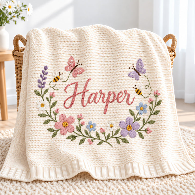 Personalized Floral Baby Blanket, Embroidered Name Floral Knit Blanket, Newborn Nursery Decor, Baby Shower Keepsake