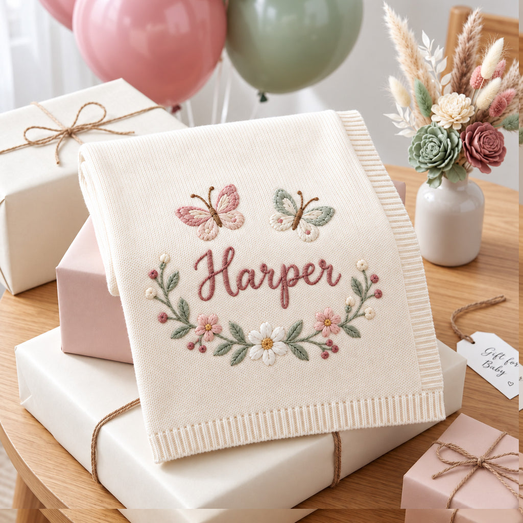 Personalized Flower Baby Name Blanket,Embroidered Butterfly Floral Baby Blanket,Floral Baby Knitted Throw,Newborn Blanket,Custom Baby Gift