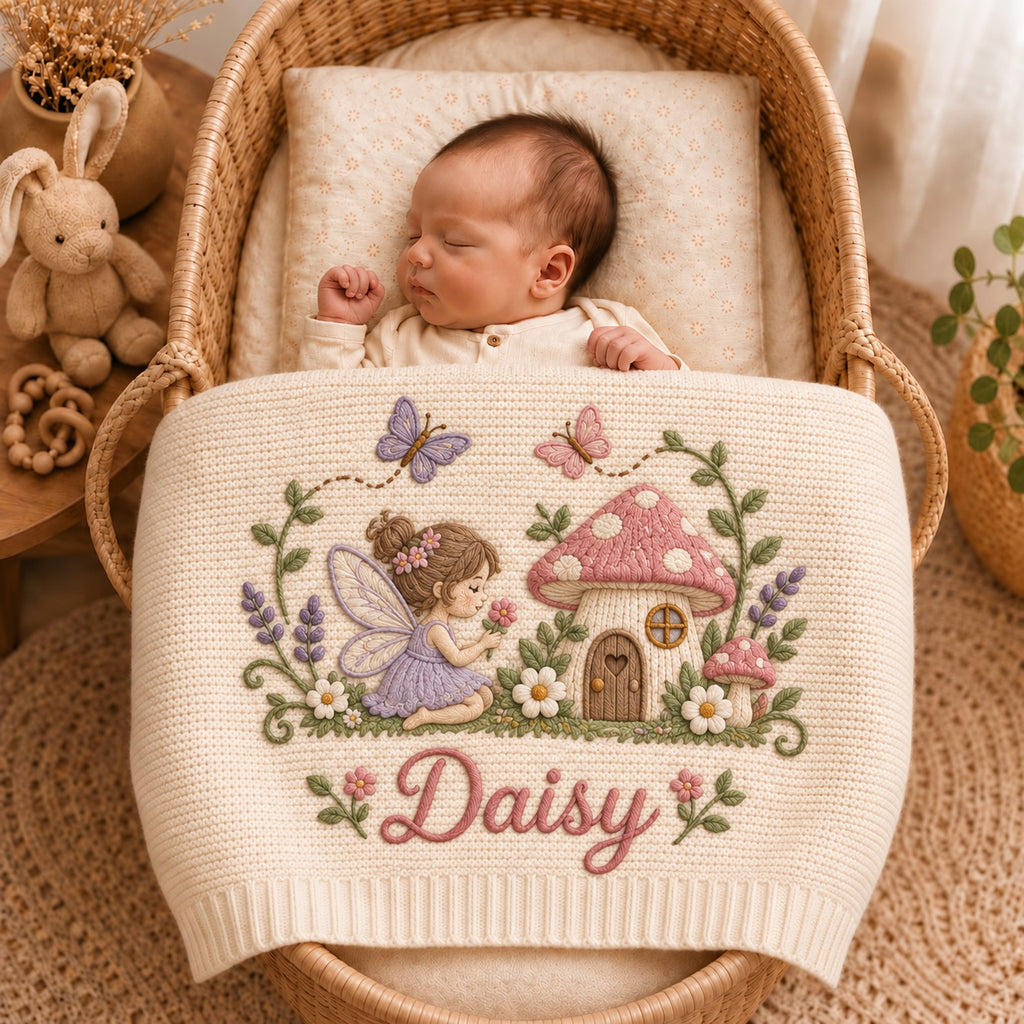 fairy baby blanket, fairy garden, embroidered blanket, personalized baby, custom baby name, floral nursery, fairy nursery decor, magical baby gift, newborn baby gift, baby shower gift, nursery blanket, baby name blanket, fairy baby gift
