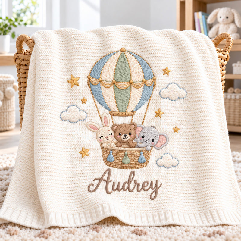 Personalized Knitted Baby Blanket, Embroidered Hot Air Balloon, Safari Animal Design, Custom Name Newborn Gift, Nursery Decor Keepsake