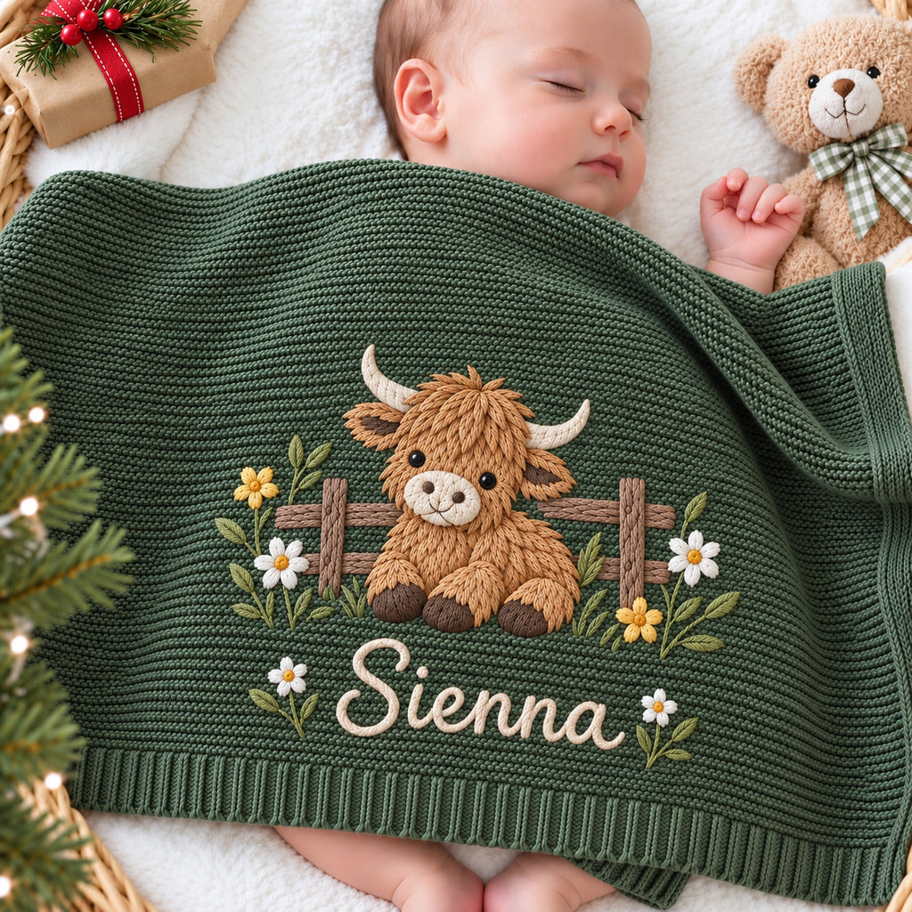 Personalized Highland Cow Baby Blanket, Floral Farm Embroidered Knit Blanket, Custom Name Rustic Nursery Gift, Baby Shower Gift