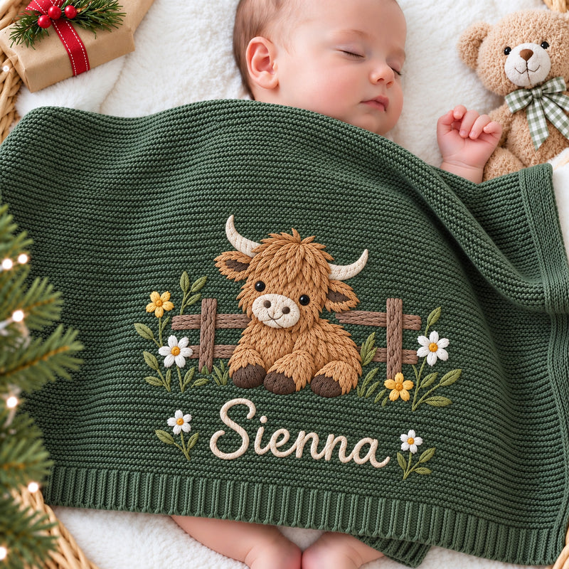 Personalized Highland Cow Baby Blanket, Floral Farm Embroidered Knit Blanket, Custom Name Rustic Nursery Gift, Baby Shower Gift
