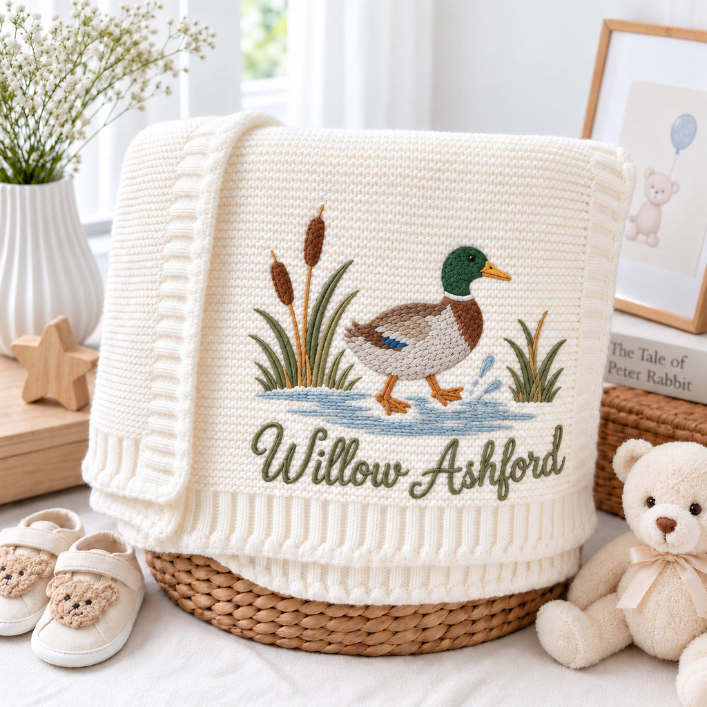 Personalized Mallard Duck Embroidered Baby Blanket, Custom Name Duck Knitted Throw, Baby Gift, Welcome Baby Gift, Baby Shower Announcement