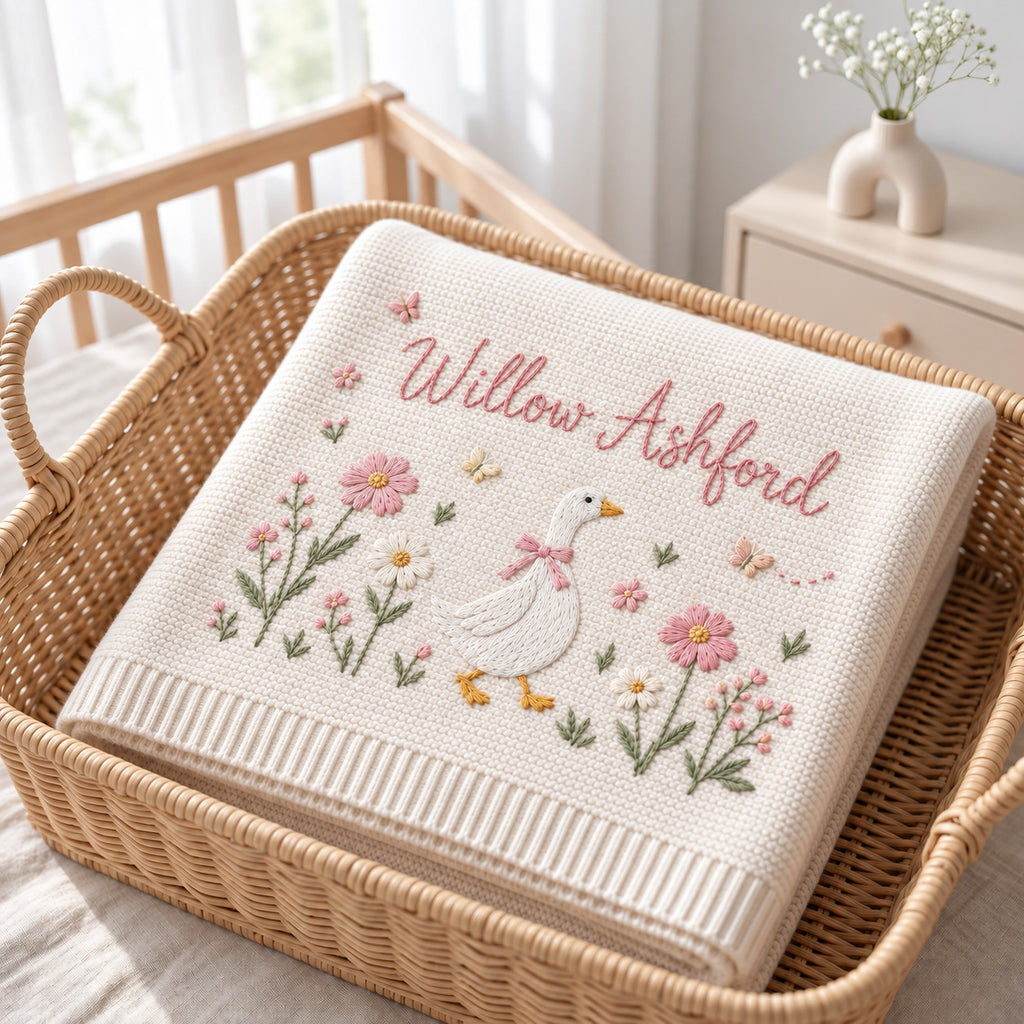 Personalized Embroidered Goose Baby Blanket with Name - Custom Floral Knit Newborn Gift for Newborn, Gift for Baby, Baby Keepsake Gift