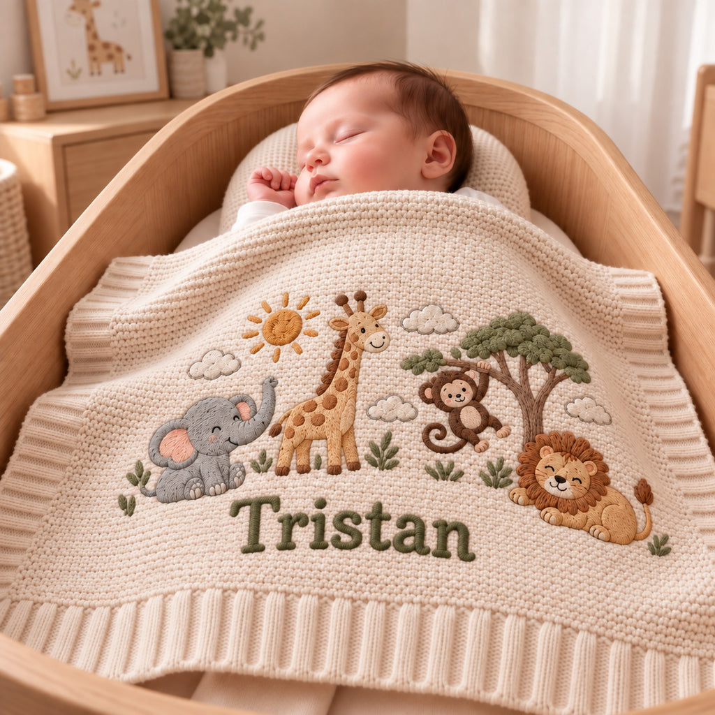 Personalized Safari Baby Blanket, Elephant Giraffe Monkey Lion Embroidered Knit Blanket, Custom Name Jungle Nursery Gift, Baby Shower Gift