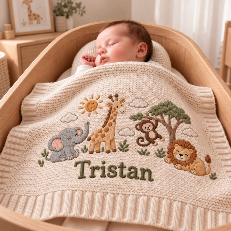 Personalized Safari Baby Blanket, Elephant Giraffe Monkey Lion Embroidered Knit Blanket, Custom Name Jungle Nursery Gift, Baby Shower Gift