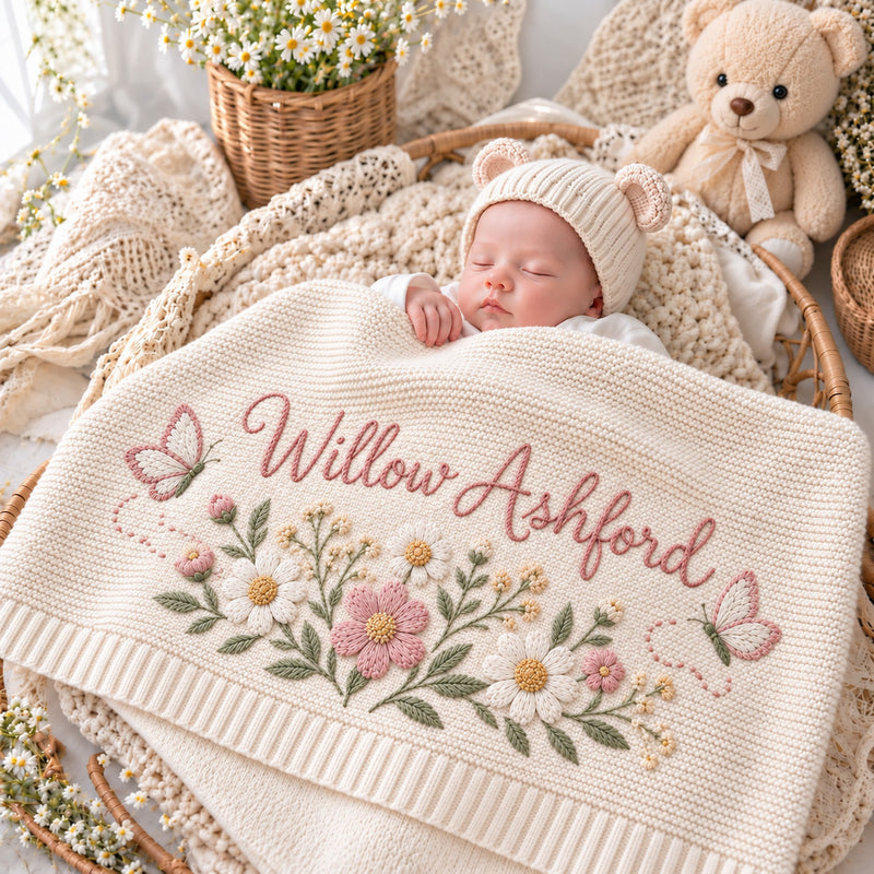 custom baby blanket, knitted baby blanket, toddler blanket, embroidered blanket, baby name blanket, nursery blanket, flower blanket, baby shower gift, newborn blanket, personalized blanket, baby girl blanket, baby boy blanket, Infant Blanket