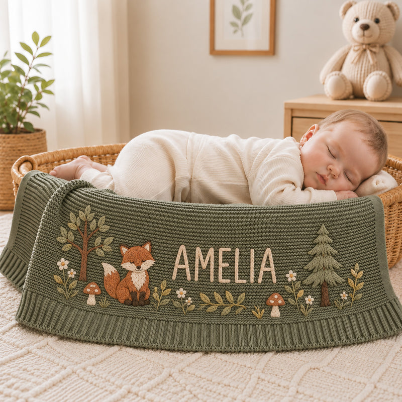 Personalized Fox Baby Blanket, Woodland Forest Embroidered Knit Blanket, Custom Name Mushroom Nursery Gift, Baby Shower Gift